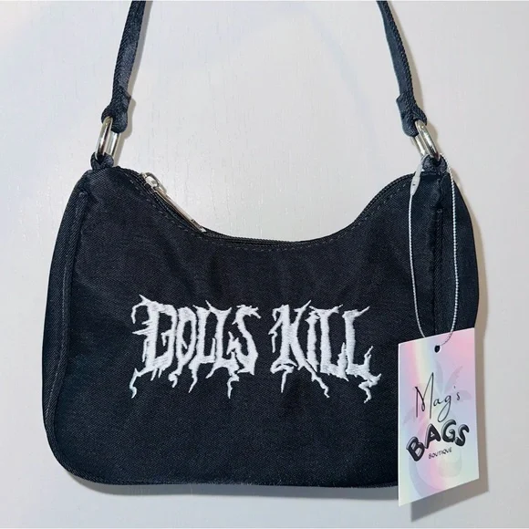 Dolls Kill: Graffiti Logo Embroidered Shoulder Black Bag - Picture 3 of 5